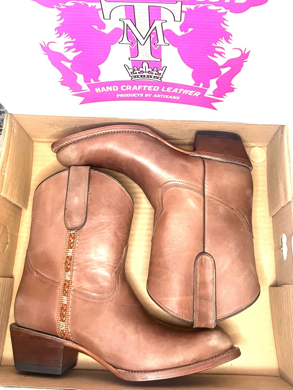 Tanner Mark Brown Leather Western Boots - Embossed Soles Size 9.5 NIB